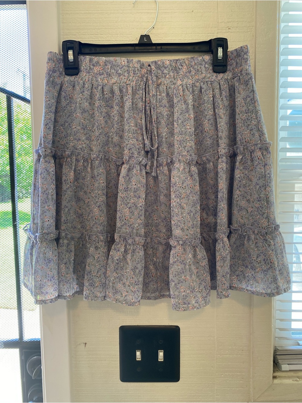 Women’s She + Sky Lavender Floral Smocked Waist Skirt with tie, size large